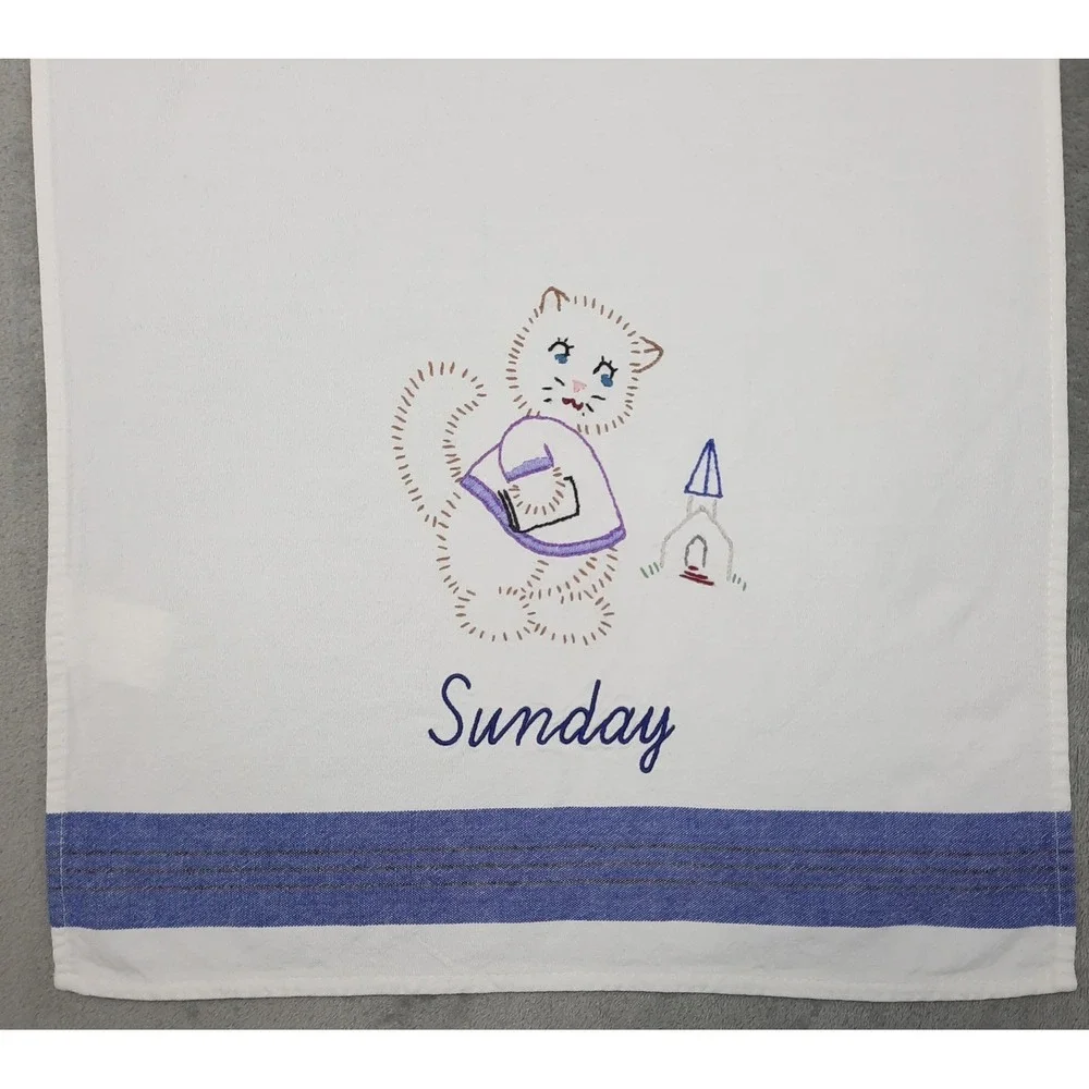 Vintage Cat Tea Towel Kitchen Embroidered Sunday Kitty‎ Church Day of the Week